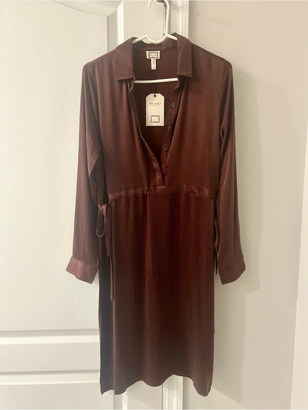 Brown Long-Sleeve Tie-Waist Dress Size Small